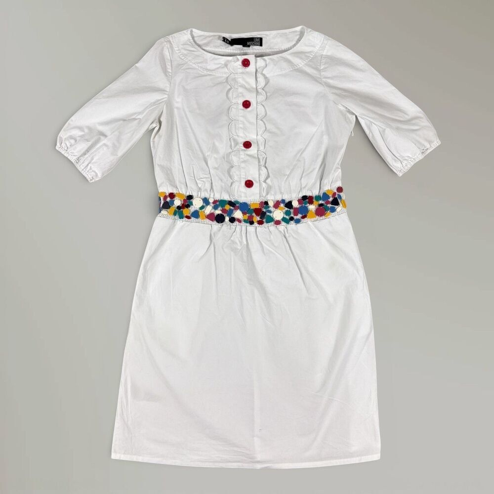 Love Moschino White Cotton Dress Resin Applique Waist Pockets Buttons Size US 6